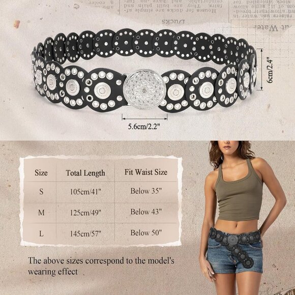 Women Vintage Disc Waist Concho Leather Belt Boho Waist Belt Black Silver Buckle - Picture 5 of 7